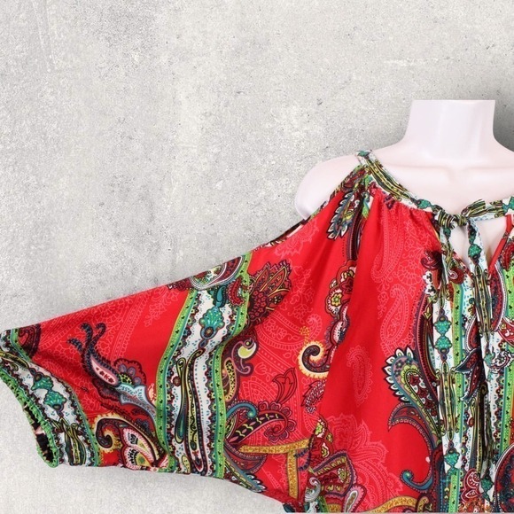 ECI Cold Shoulder Long Sleeve Blouse Multicolor Red, Pink, Green, White Size M - Picture 8 of 16